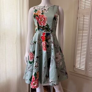 Grace Karin Sage Green Floral Peony Cherry Blossom Fit & Flare Dress XS